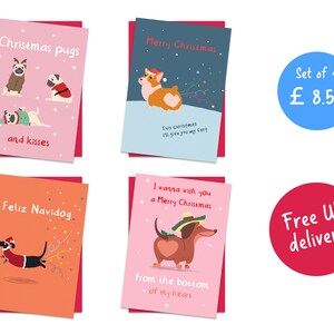 Weihnachtskarten-Set Hunde - 4x Saisonale Grußkarten, Winterpostkarte für Wurst, Mops, Corgis und Hundeliebhaber