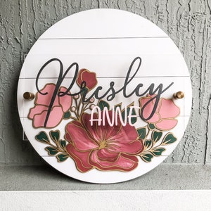 Floral Acrylic Stacked Sign | Wooden Custom Name Sign | Floral Nursery Sign
