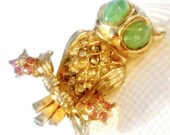 Vintage Owl Brooch Pin Mint Green Cabochon Eyes Pink Floral Rhinestones Signed Coro