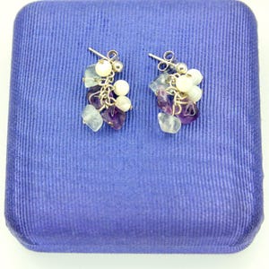 925 Sterling Silver Multi Gemstone Mother of Pearl Dangle Drop Cluster Bead Earrings