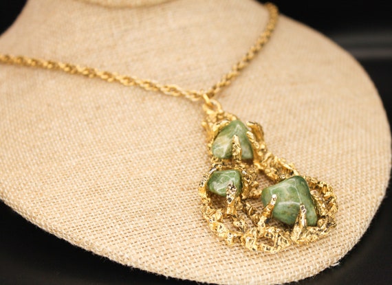 Vintage Brutalist Style Green Moss Agate Three St… - image 1