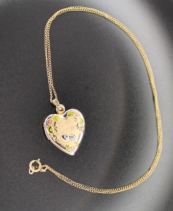 14K Gold Filled Vintage Engraved MOM Heart Floral… - image 3