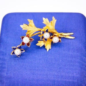 Vintage Turin Inc. 1/20 12k Yellow Gold Filled Enamel & Pearl Flower Brooch Pin