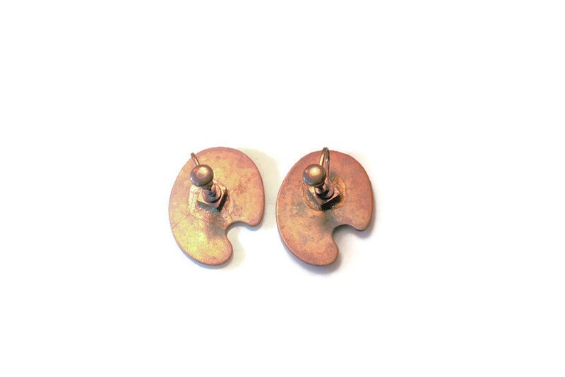 Vintage Copper Earrings with Red and Multi-Color Enamel Unsigned Renoir Matisse Painters Palette Shape