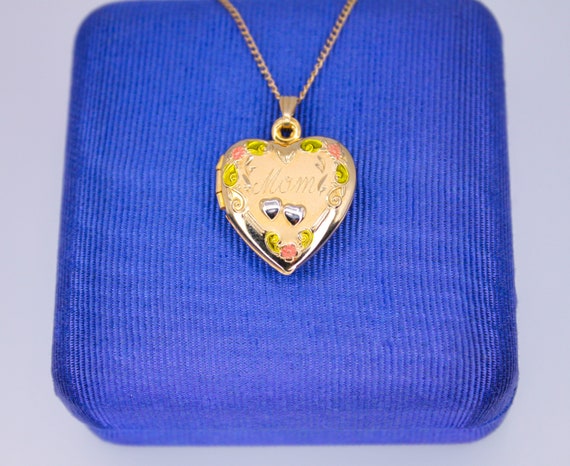 14K Gold Filled Vintage Engraved MOM Heart Floral… - image 1