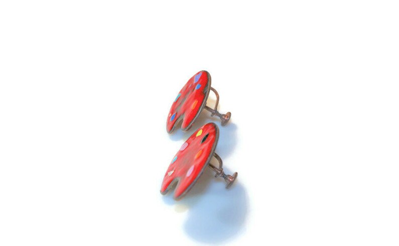 Vintage Copper Earrings with Red and Multi-Color Enamel Unsigned Renoir Matisse Painters Palette Shape