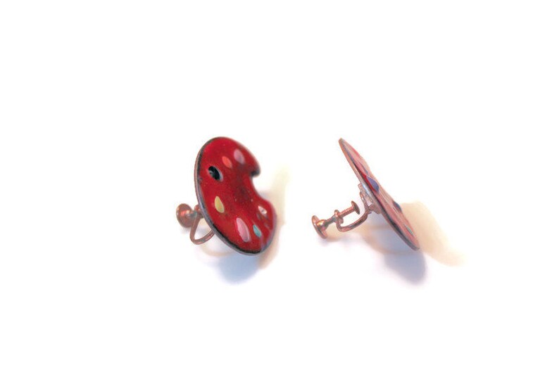 Vintage Copper Earrings with Red and Multi-Color Enamel Unsigned Renoir Matisse Painters Palette Shape