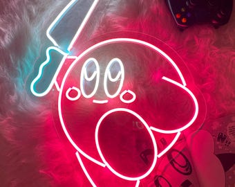 Letrero de neón de Kirby, lámpara de Kirby, regalo de aniversario de Kirby para él, decoración de pared de Kirby, letrero LED de Kirby con cuchillo, decoraciones de videojuegos