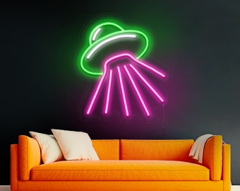 Letrero de neón OVNI, decoración de fiesta, sala de letreros OVNI, letrero de neón LED OVNI, decoración de pared OVNI, letrero LED de nave espacial extraterrestre, letrero de neón para sala de juegos espaciales