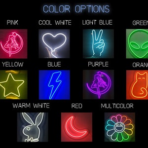 Puede incluir: Un gr&aacute;fico que muestra diferentes dise&ntilde;os de letreros de ne&oacute;n en varios colores. Los colores incluyen rosa, blanco fr&iacute;o, azul claro, verde, amarillo, azul, morado, naranja, blanco c&aacute;lido, rojo y multicolor.