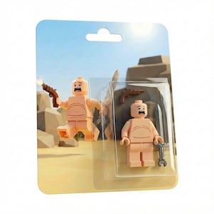 May include: A packaged set of two Lego-style figures. One figure is mid-jump, holding a brown toy gun. The other figure is standing, holding a wrench. Both figures have a surprised expression and are nude.