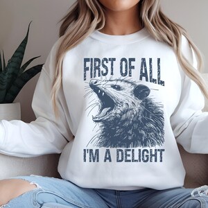 First Of All I&#39;m A Delight Sweatshirt, Sarcastic Angry Opossum Lover Sweatshirt, Cute Sarcastic Shirt, Vintage Possum Tshirt,  Possum Lover
