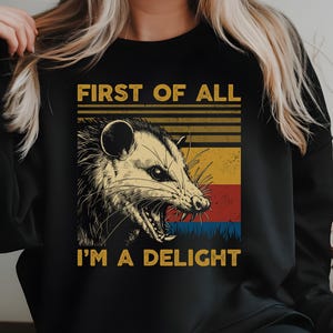 First Of All I&#39;m A Delight Sweatshirt, Sarcastic Angry Opossum Lover Sweatshirt, Cute Sarcastic Hoodie, Vintage Retro Graphic Shirt
