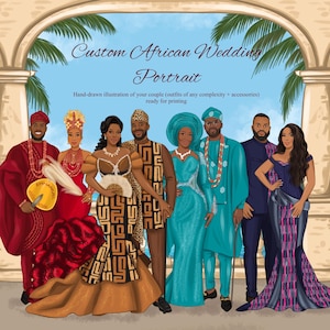 Retrato de boda africana personalizado, ilustración de pareja nigeriana, vestimenta tradicional, arte de invitación personalizada, decoración de boda africana