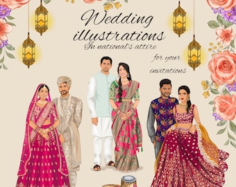 Custom Indian Wedding Illustration, Personalized Couple Portrait from Photo, Hindu Wedding Art, Bridal Gift, Hand-Drawn Wedding Portrait