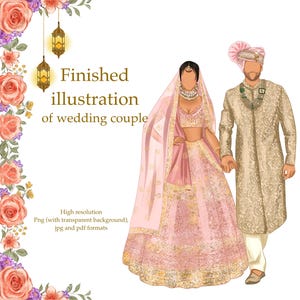 Op de afbeelding: Illustratie van een bruidspaar in traditionele kleding. De bruid draagt een roze lehenga met gouden borduursel en een bijpassende sluier. De bruidegom draagt een gouden sherwani en tulband. Tekst: "Voltooide illustratie van bruidspaar."