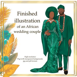 Puede incluir: Ilustración de una pareja de bodas africana con atuendo verde esmeralda. La novia lleva un vestido y un pañuelo detallados, el novio un atuendo a juego con un collar de cuentas. El texto dice: "Ilustración terminada de una pareja de bodas africana."