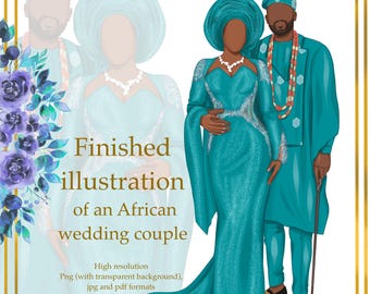 Wedding couple in African attire, Save the Date couple, Illustration of the couple for your invitation, hand drawn couple illustration