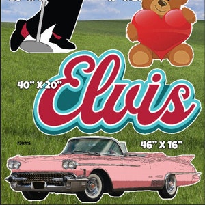 May include: A set of five vinyl cutouts featuring Elvis Presley, a guitar, a teddy bear holding a heart, and the words "Says" and "Elvis". The cutouts are in various sizes, with measurements in inches.