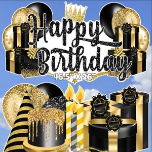 May include: Black and gold happy birthday party decorations with a cake, presents, balloons, and candles. The decorations are 46.5 inches by 26 inches and 20 inches by 22 inches.