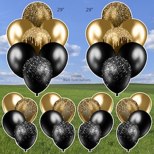 May include: A set of black and gold balloons with glitter. The balloons are in two sizes, 29 inches and 18 inches. The balloons are arranged in a cluster, with the larger balloons in the back and the smaller balloons in the front. The balloons are decorated with glitter and have a dripping gold paint effect. The text "F099HS- Black/Gold Balloons" is printed on the image.