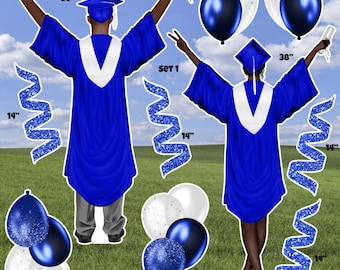 Boy/Girl Grads with Flair Royal Blue & White Half Sheet Yard Cards