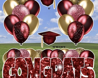 Congrats Grad Yard Card Set, Burgundy Gold Graduation Decorations