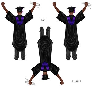 May include: A black graduation gown with a purple sash and a black cap. The graduate is holding a diploma in their right hand and is standing with their arms raised in the air. The graduate is 30 inches tall.