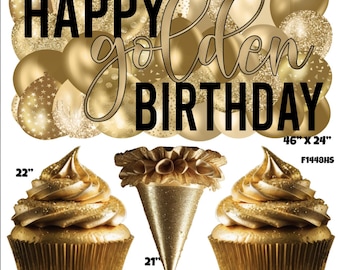 Happy Golden Birthday Balloons Sign Cupcakes Party Yard Cards