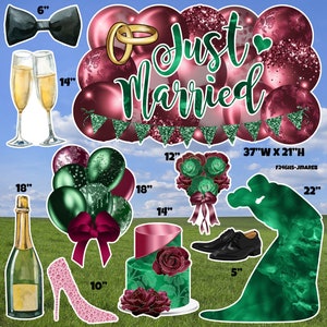 Just Married Sign & Flair Cartes de jardin vert émeraude et bourgogne (F346HS)