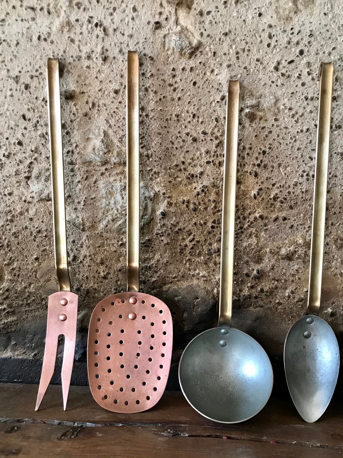 5 Vintage Copper Cooking Utensils With Brass Handles Etsy