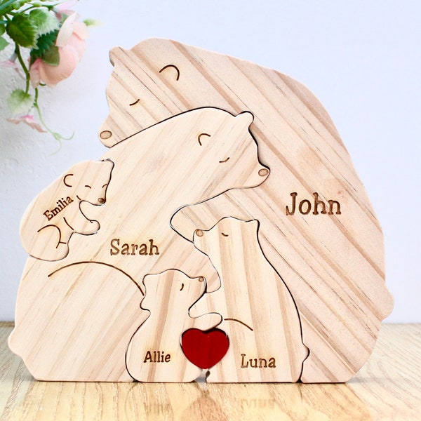 Casse-tête personnalisé nom de famille en bois gravé avec ours - Cadeaux souvenir de famille, cadeau de fête des mères - Cadeau pour les parents - Cadeau pour la maison d'une famille d'animaux