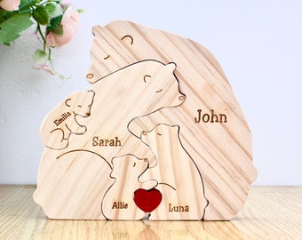 Puzzle de famille ours en bois - Cadeaux souvenirs de famille - Cadeau pour la fête des mères - Cadeau pour les parents - Cadeau animal pour la maison de famille - Anniversaire de mariage