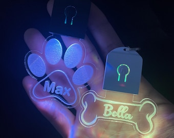 Customize Light Dog Tag, Dog ID Tag, Personalized Dog Name Tag, Custom Dog Tag, Light Up Tag, Pup Tag, Bone and Paw, Engraved Pet Tag