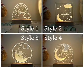 Veilleuse arc-en-ciel personnalisée, cadeau de bébé, lumière de lune et d'étoiles pour bébé, cadeau de nouveau-né, décor de chambre à coucher, veilleuse de nom