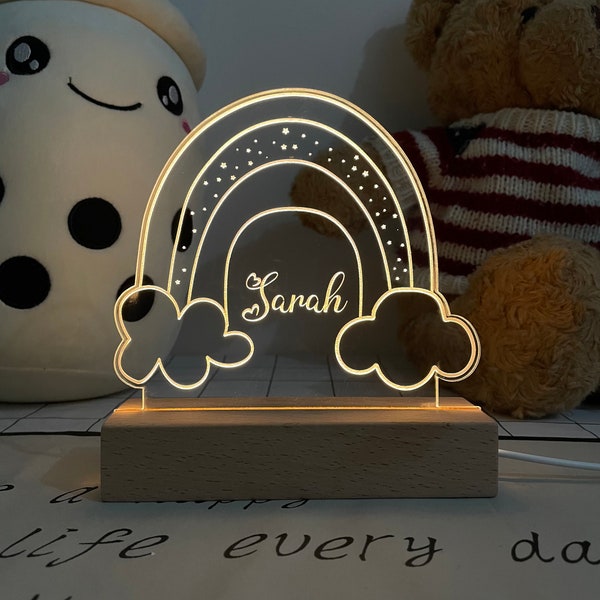 Luz nocturna personalizada, regalo de nacimiento de bebé, luz de guardería, luz nocturna de cuento de hadas, decoración del dormitorio, luz de noche estrellada, ayuda para dormir con luz arco iris