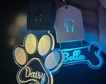 Personalized LED Dog Tag, Dog ID Tag, Dog Name Tag, Custom Dog Tag, Light Up Tag, Pup Tag, Bone and Paw, Engraved Pet Tag
