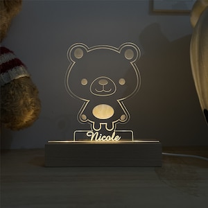Personalização do nome do urso luz noturna, presente de bebê nascimento, presente de chá de bebê, luz de berçário de bebê, presente recém-nascido, abajur de cabeceira, abajur noturno bebê