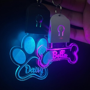 Custom Dog ID Tag, Dog Name Tag, Personalized Dog Tag, Light Up Tag, Pup Tag, Bone and Paw, Engraved Pet Name Tag
