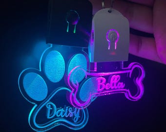 Custom Dog ID Tag, Dog Name Tag, Personalized Dog Tag, Light Up Tag, Pup Tag, Bone and Paw, Engraved Pet Name Tag