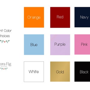 Puede incluir: Un gr&aacute;fico que muestra las opciones de color de fuente para un dise&ntilde;o. Los colores son naranja, rojo, azul marino, azul, morado, rosa, blanco, dorado y negro.