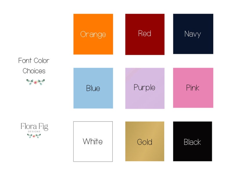 Puede incluir: Un gr&aacute;fico que muestra las opciones de color de fuente para un dise&ntilde;o. Los colores son naranja, rojo, azul marino, azul, morado, rosa, blanco, dorado y negro.