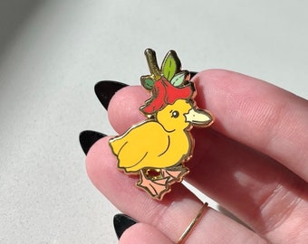 Duckling With Hat, Whimsical Enamel Pin Badge, Belt Bag Lanyard Accessory, Lapel Pin, Flowerhat Duck Pin