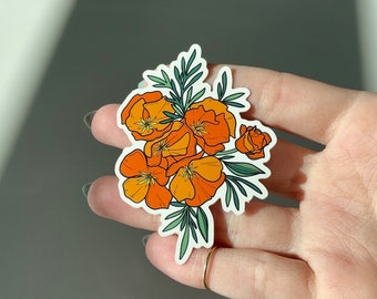 California Poppy Sticker, Wildflower Vinyl Sticker, Orange Flowers, Waterproof Sticker, Poppies
