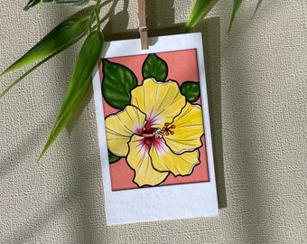 Hibiscus Small Print, Tropical Art, Hawaiian, Yellow Flower, Polaroid, Instax Mini9 Art Print, Home Decor