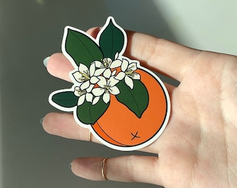 Orange Aufkleber, Orangenblüte, wasserdichter glänzender Vinylaufkleber, mittlere Größe, erschwinglich, Geschenk, Florida Original Art