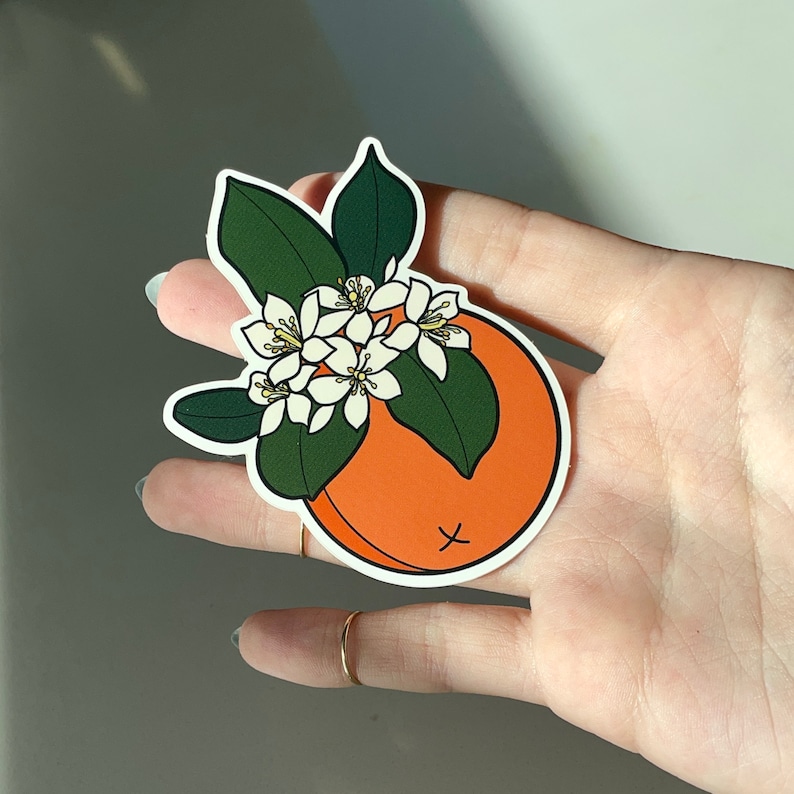 K&ouml;nnte beinhalten: Ein Aufkleber mit einer handgezeichneten Illustration einer Orange, die mit wei&szlig;en Bl&uuml;ten bedeckt ist. Die Orange ist leuchtend orange und die Bl&uuml;ten sind wei&szlig; mit gelben Zentren. Der Aufkleber befindet sich auf einer Hand.