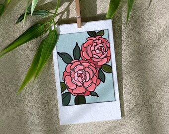 Camellia Small Print, Pink Floral Illustration, Seafoam Green, Alabama State, Small Size Artwork, Eco Friendly Polaroid Art