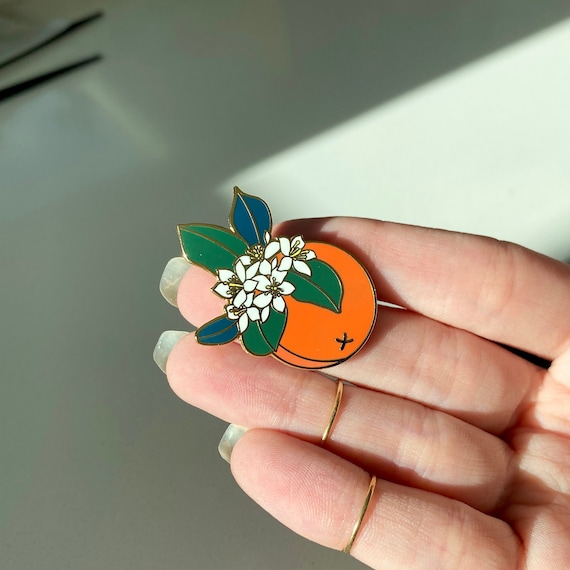 Orange Pin, Botanical Enamel Pin, Orange Blossom Flower Artwork, Original Flower Art, Floral Pin