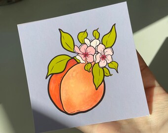 Peach Print, Peach Blossom Illustration, Delaware State Flower, Small Size Art, Bamboo Mini Print, Sustainably Made